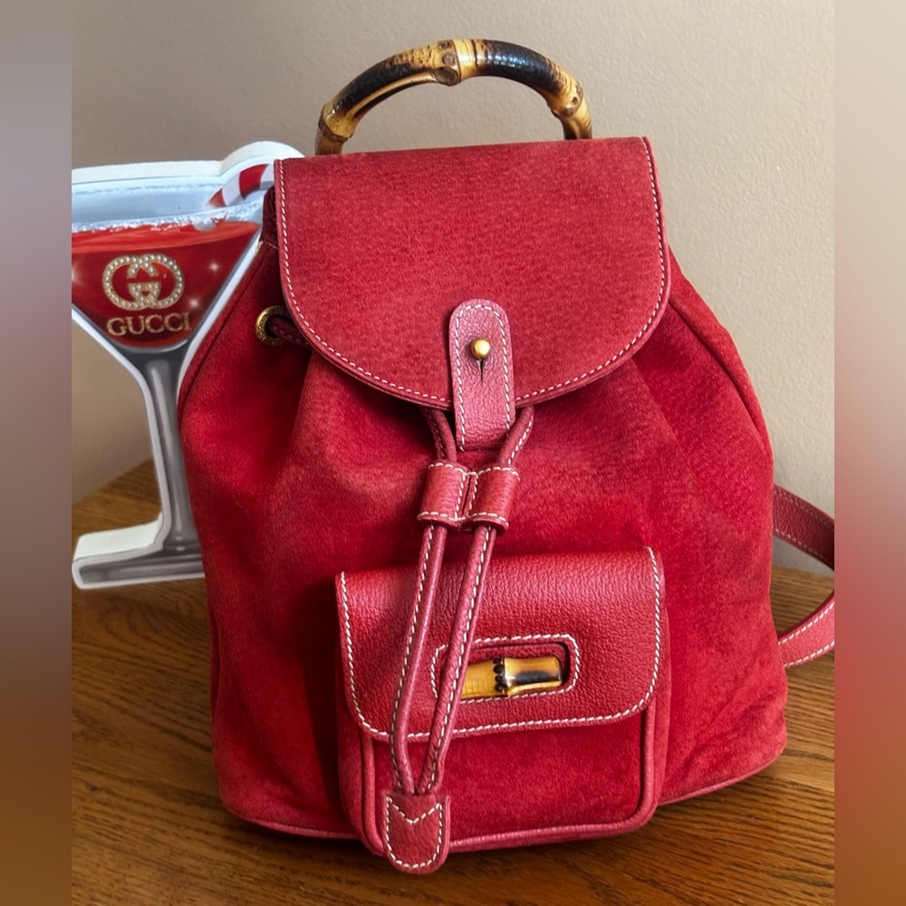 GUCCI BAMBOO (MINI) BACKPACK RED SUEDE LEATHER. 
NEWLY CLEANED AND CONDITIONED - Picture 3 of 16